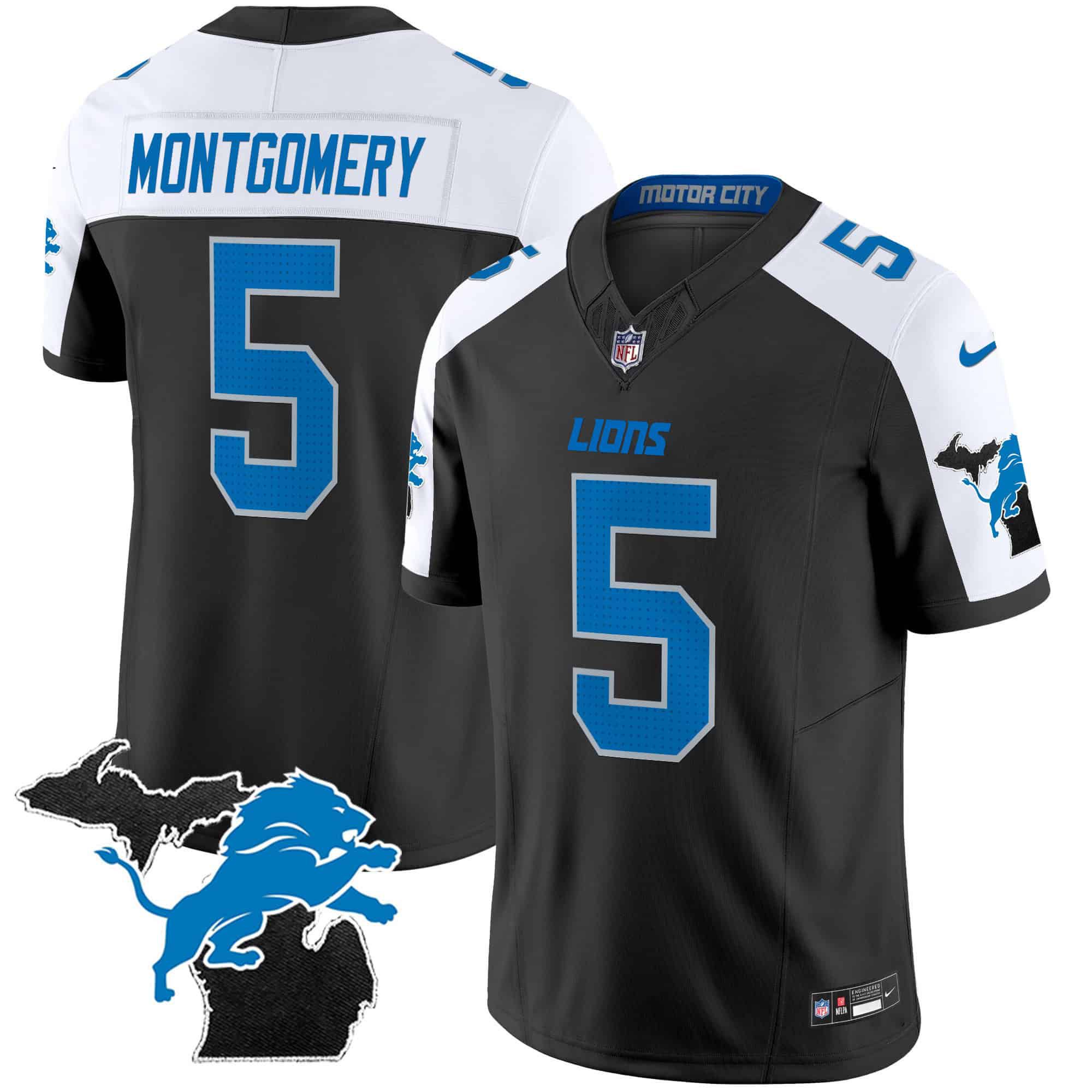 Men Detroit Lions 5 Montgomery Black 2024 Nike Michigan Patch Vapor Limited NFL Jersey